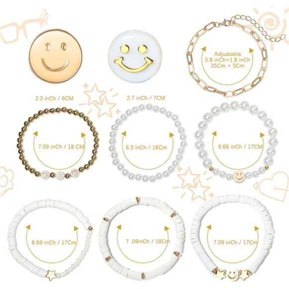 Preppy Beaded Bracelets Set Smile Heart Star Pearl Stackable Y2K Jewelry - Picture 2 of 7